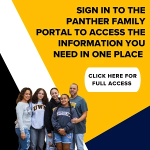 A group of five people stands together in front of a promotional graphic encouraging signing into the Panther Family Portal for centralized information access.